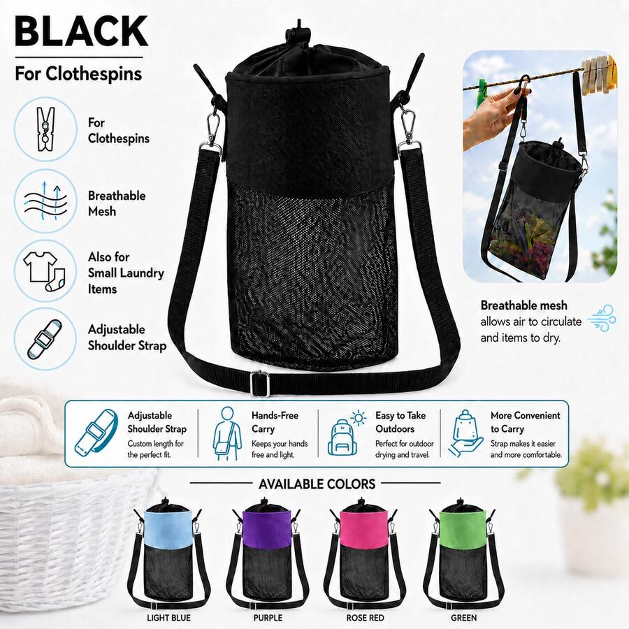 1-2pcs Mesh Clothespin Bag With Drawstring Closure, Hanging Clothes Peg Holder With Strap And Metal Hooks, Wide Mouth Laundry Storage Organizer