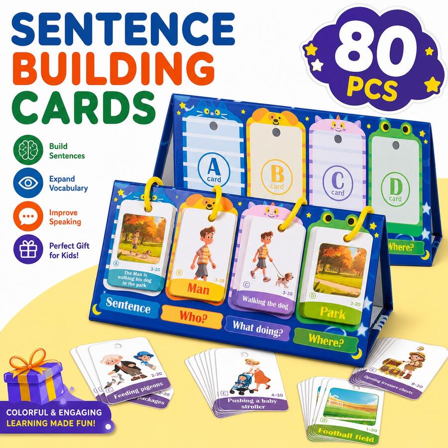 80 Kartu Susun Kalimat Berbasis Gambar, Mainan Belajar Tata Bahasa Inggris untuk Anak-Anak, Terapi Bicara, Kartu Edukasi Konstruksi Kalimat Kosakata untuk Prasekolah dan Taman Kanak-Kanak - MultiWarna - View 1