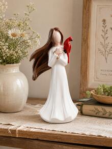 1pc Women Statue Holding Red Cardinal, Red Cardinal Memorial Sculpture, Elegant White Dress Women Sculpture, Suitable For Living Room Bookshelf Fireplace Mantel Bedroom, Memorial Compassion Home Decor Gift - Classic - View 6