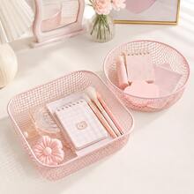 Macaron Color Square Metal Mesh Storage Basket, 20*20*5.5cm Desktop Organizer Storage Basket, Suitable For Home, Office, Bathroom And Kitchen Daily Storage, Multi-Purpose And Multi-Occasion Use, Also Suitable For Holiday Decoration. - Pink - View 18