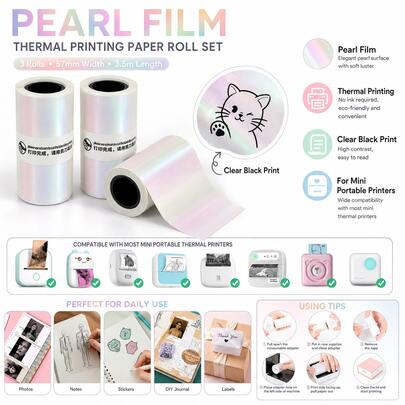 Pearlescent Film Transparent Thermal Paper, 53Mm, Self-Adhesive, Printable, Compatible With Portable Thermal Printers, Transparent Paper For Labeling Bottles, Photos, Text, Study Notes, Organization