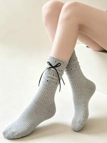 1/3 Pairs All-Season Breathable Versatile Polka Dot Bow Slouch Mid-Calf Socks - Multicolor - View 6
