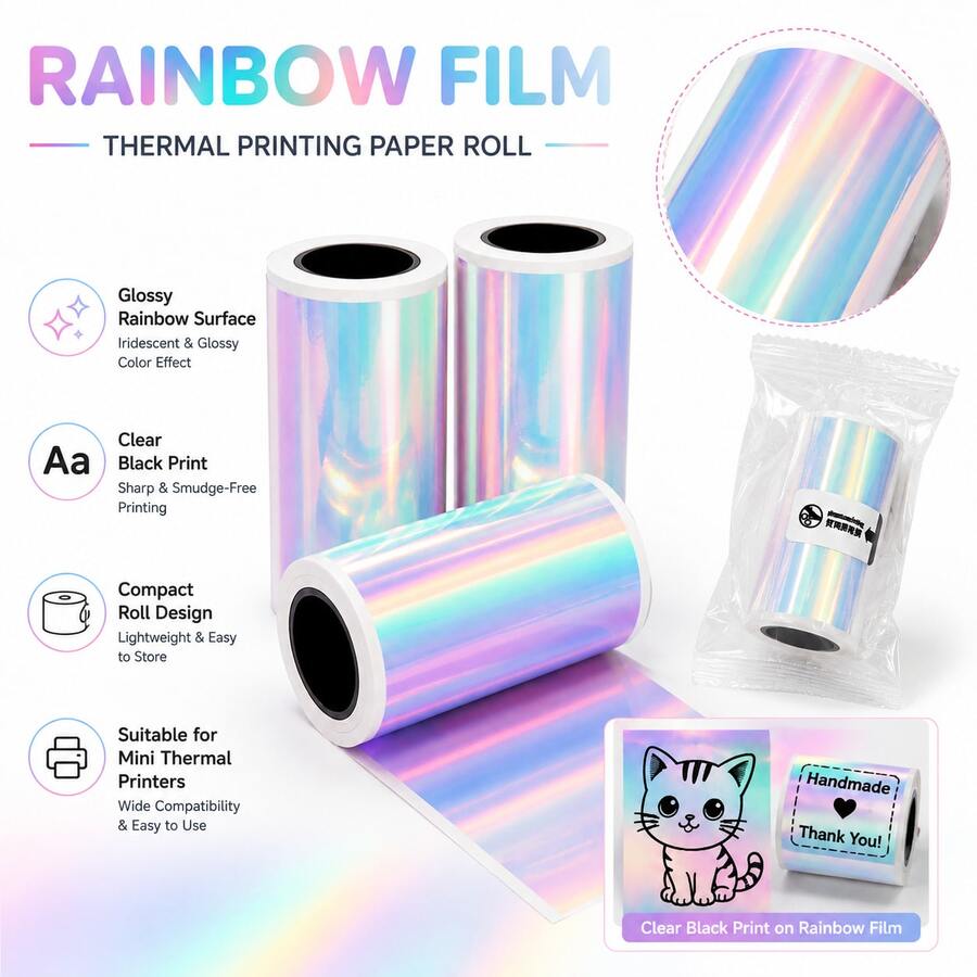 Soft Rainbow Transparent Thermal Sticker Paper Rolls, 53mm Self-Adhesive PET Label Paper For Mini Thermal Printers, Oil-Resistant Scratch-Resistant Sticker Paper For Journals, Gift Packaging, Home Organization, - View 1