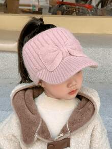 Children's Knitted Plush Letter Embroidered Short Brim Sun Hat, Unisex Warm Ear Protection Cap - Open-top Bow Knit - View 5