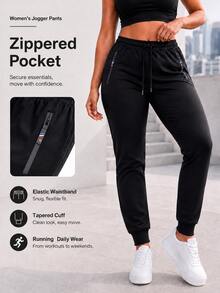 Women's Solid Color High Waist Drawstring Elastic Waist Tapered Jogger Pants With Zipper Pockets Casual Athletic Sweatpants - Black - View 1
