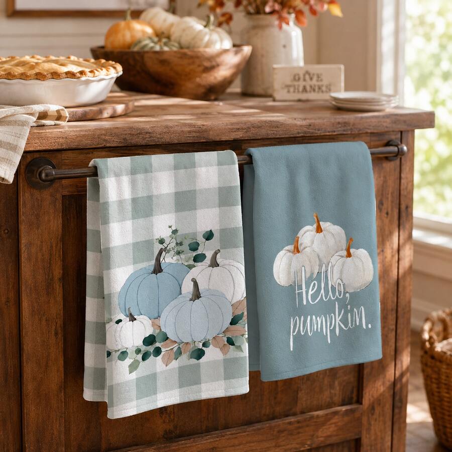 2/4/6pcs Blue & White Pumpkin Plaid Pattern Printed Kitchen Towels, Ultra-Soft Microfiber High Absorbent Tea Towels, Dish Cloths, Cleaning Towels, Hand Towels, Suitable For Cooking, Baking, Wiping, Cleaning And Kitchen Decoration, Kitchen Accessories, Daily Essentials - Multicolor - View 1