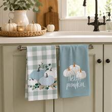 2/4/6pcs Blue & White Pumpkin Plaid Pattern Printed Kitchen Towels, Ultra-Soft Microfiber High Absorbent Tea Towels, Dish Cloths, Cleaning Towels, Hand Towels, Suitable For Cooking, Baking, Wiping, Cleaning And Kitchen Decoration, Kitchen Accessories, Daily Essentials - Multicolor - View 2