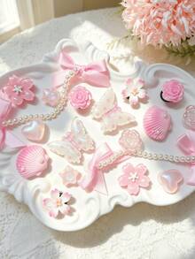 18pcs Pink Bow Flower Pearl Chain Shoe Charms, DIY Decorative Accessories For Clogs With Holes, Perfect Birthday Party Holiday Gift Choice - Baby Pink - View 3