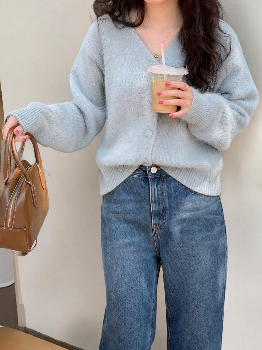 女款素色休閒百搭日常穿搭開襟衫 - 淺藍色 - 查看 1