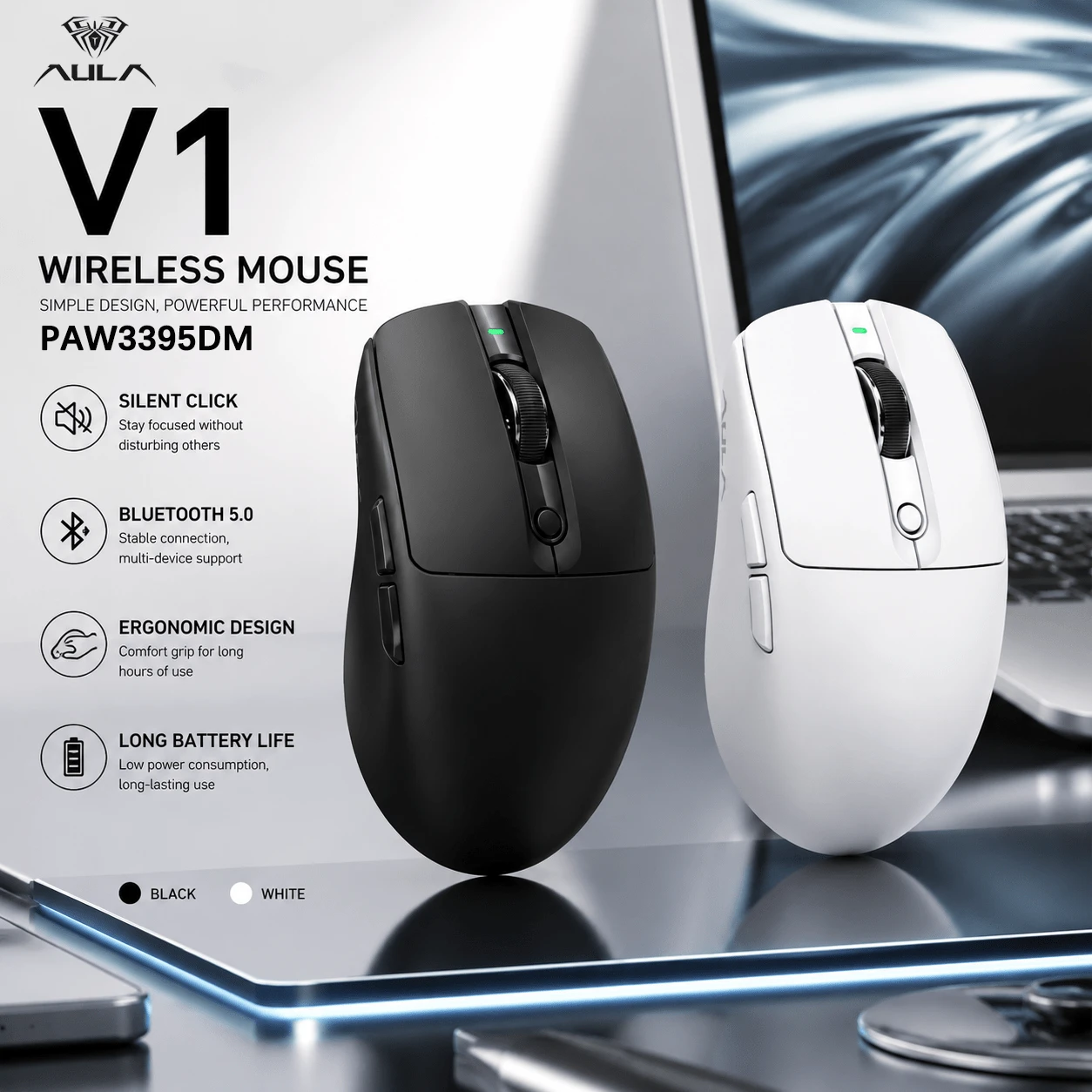 AULA V1, Mouse Gaming Nirkabel, Ultra Ringan 55g, Sensor PAW3311, Bluetooth 2.4G Tri-Mode Berkabel, Tingkat Polling 1000Hz, 12000 DPI, Ergonomis Simetris, Dapat Diisi Ulang Tipe-C, Tombol yang Dapat Diprogram, Mouse Esports untuk PC Laptop - View 1