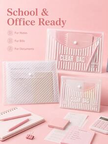 1pc 3-Style A4 Transparent Plastic File Bag, Vertical & Diagonal Stripe Snap Button File Storage Bag - Multiple Styles - View 2
