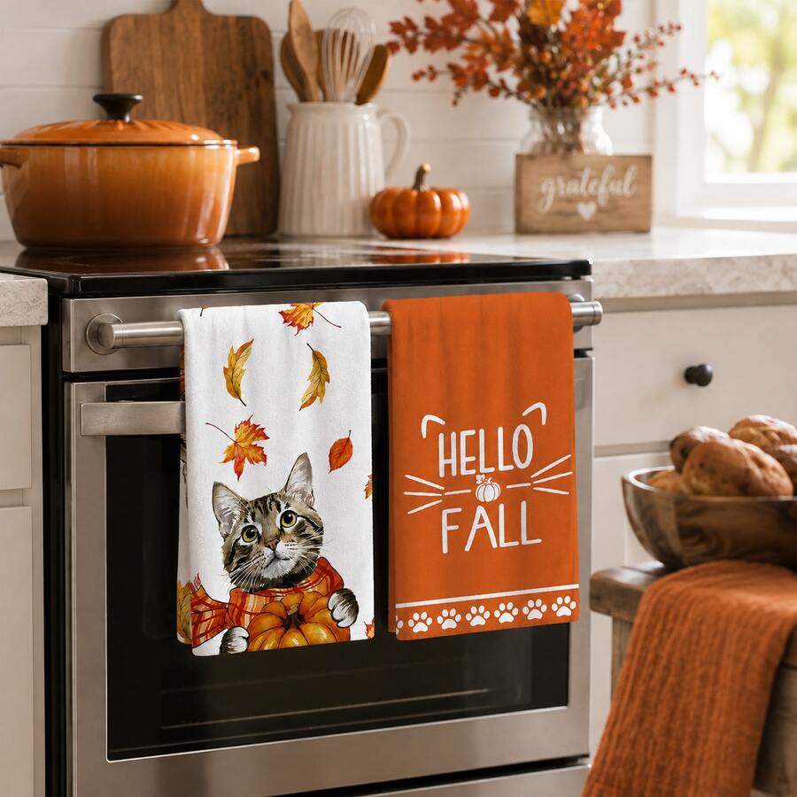 2/4/6pcs Autumn Cat & Pumpkin Print Kitchen Towels, Cute Cartoon Style, Soft & Easy To Clean, Autumn Home Gift, Kitchen Accessories, Suitable For Autumn Kitchen Decor, Holiday Home Arrangement, Baking, Cooking - Multicolor - View 1