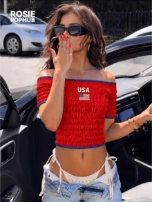 ROSIE POPHUB Women's Red Us Print Cold Shoulder Top, Ruched Waist Short T-Shirt, World Cup Football, Summer Daily, Party, Beach, Vacation - Red - View 2