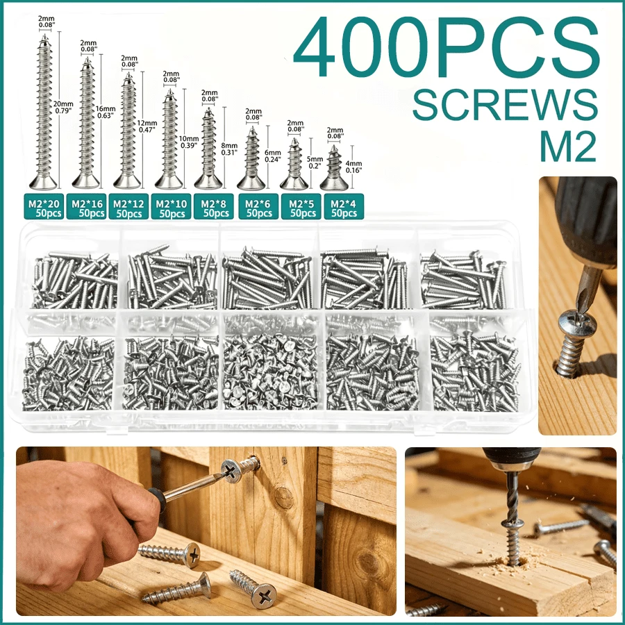 400pcs Cross Self Tapping Screw Mixed Set, Woodworking Screws, Gypsum Board Screws, Drywall Screws, Hardened Self Tapping Screws, Home Decoration Screws