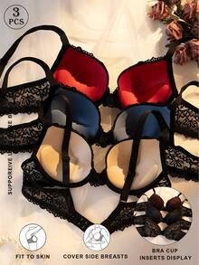 3pcs/Set Women's Underwire Floral Lace Push-Up Bra, Solid Color Wavy Edge Adjustable Straps Side Support Invisible Casual Lingerie - Multicolor - View 1