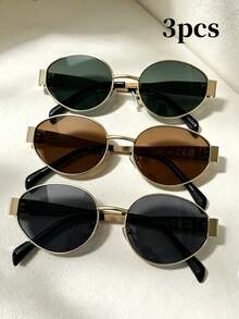 3pcs/Set Summer Fashion Eyeglasses Combo, Retro Oval Metal Frame Decorative Glasses, Unisex Street Photography Daily Commute Accessory, Y2K Aesthetic - Oval Three-piece Set - View 4