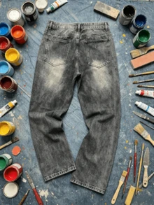 Men's Gray Washed Wide Leg Loose Fit Jeans With Hand-Painted Graffiti Lines + Black & White Splatter Print, Classic 5-Pocket Casual Long Pants - Grey - View 3