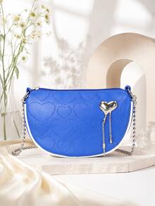 1pc Women's Heart Embossed Crescent Bag, Metal Heart Tassel Pendant Chain Crossbody Bag, Sweet Cool Style Contrast Edge Shoulder Small Bag - M1754 - View 4