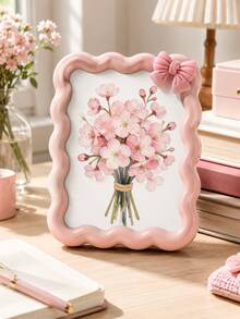 1pc Pink Bow Wavy Photo Frame, Cute Sweet Style Photo Frame, Beautiful Floral Desktop Decoration, Romantic Photo Display Stand, Suitable For Bedroom, Vanity, Dorm, Living Room, Desk, Bookshelf Decoration, Sweet Gift For Girls, Women, Birthday, Valentine's Day - C - View 6