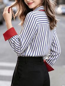Women's Striped Long Sleeve Shirt Collar Top, Red Contrast Trim, Asymmetrical Hem, Navy Blue Striped Contrast Red Polo Shirt, Spring French Elegant, Casual Shirt, Daily, Spring/Autumn Season Outfit, All Season Versatile, Lightweight Polyester Shirt, Casual Daily Top - Blue - View 2