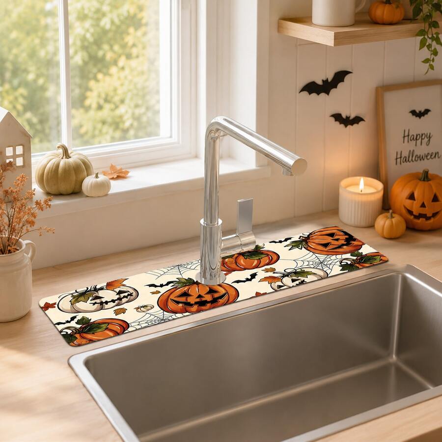 1pc Halloween Faucet Cover, Create Holiday Atmosphere, Bathroom Faucet Splash Guard, Pumpkin Pattern Faucet Mat, Kitchen Countertop Accessory, Kitchen Dining Table Accessory, Halloween Sink Moisture-Proof Absorbent Mat, Absorbent Drainage Mat, Multi-Functional Absorbent Non-Slip Mat - Multicolor - View 1