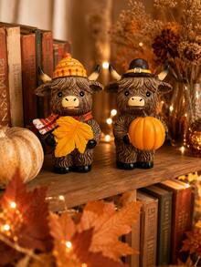 1pc Halloween Maple Leaf Pumpkin Highland Cow Home & Garden Decor, Farmhouse Style Tabletop Entryway Gift, Suitable For Christmas And Autumn Seasonal Collection Ornament - Multi-color - View 4