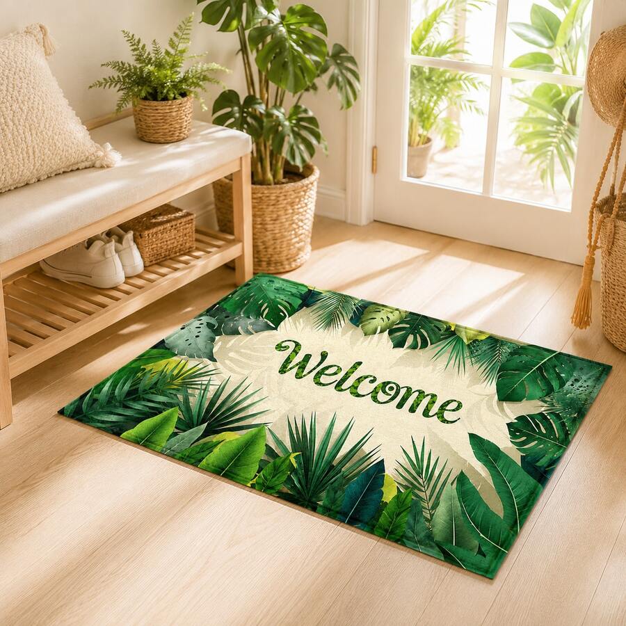 1pc Tropical Monstera Leaf Print Faux Cashmere Kitchen Mat, Absorbent Kitchen Rug, Long Runner Mat, Sink Front Mat, Suitable For Kitchen, Bathroom, Entryway, Hallway, Laundry Room And Home Decor - Multicolor - View 1