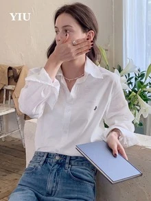 YIU Women's White Woven Fabric High Neck Long Sleeve Regular Fit Shirt, Perfect Choice For Creating A Fashionable Autumn Look - White - View 1
