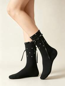 1/3 Pairs All-Season Breathable Versatile Polka Dot Bow Slouch Mid-Calf Socks - Multicolor - View 8