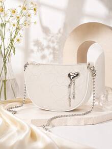 1pc Women's Heart Embossed Crescent Bag, Metal Heart Tassel Pendant Chain Crossbody Bag, Sweet Cool Style Contrast Edge Shoulder Small Bag - M1754 - View 8
