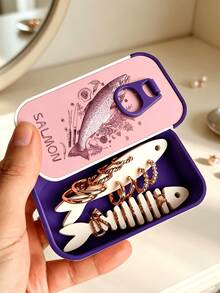 Portable Salmon Pattern Travel Jewelry Box With Fish-Shaped Compartments, Compact Anti-Tangle Earring And Necklace Storage Box, Exquisite Small Jewelry Organizer For Travel And Daily Use, Gift For Female Friends - Multicolor - View 8