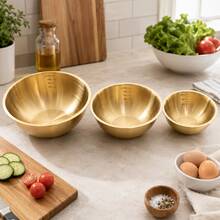 3Pcs Stainless Steel Cooking Mixing Bowls With Scale, Japanese Style Thickened Mixing And Kneading Bowls For Home Use, Egg Beating, Salad, Baking - Gold - View 6