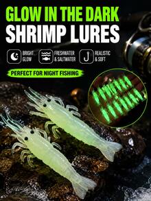 16pcs Glow-In-The-Dark Shrimp Shaped Fishing Lures - Glow Soft Plastic Lures With Hooks | Realistic Freshwater And Saltwater Fishing Gear, Simulated Shrimp Rig, Suitable For Night Fishing - Multicolor - View 6