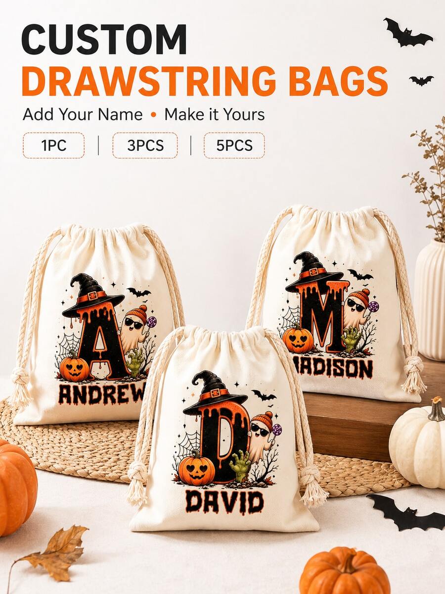 Túi dây rút chữ Halloween cá nhân hóa, túi lưu trữ vải canvas tùy chỉnh, quà tặng ngày lễ, túi đựng kẹo và quà tặng tiệc Halloween - Nhiều màu - Xem 1
