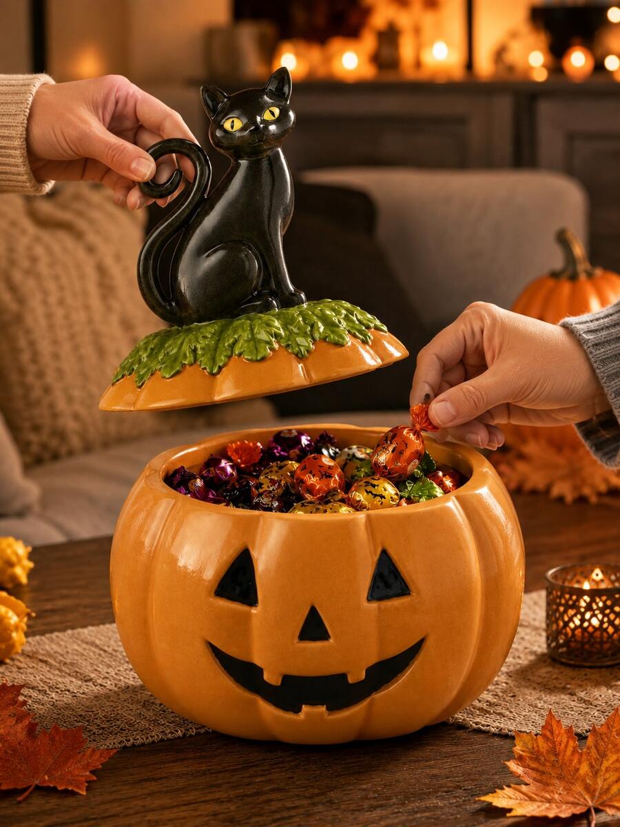 1 hũ đựng kẹo Halloween hình mèo đen và bí ngô, hộp đựng kẹo nắp mèo phong cách Gothic dễ thương, hộp trưng bày kẹo Trick or Treat Halloween sáng tạo, phù hợp đóng gói kẹo, trang trí bàn tiệc Halloween, trang trí nhà mùa thu, quà tặng chủ đề nhà ma ám - Nhiều màu - Xem 1