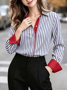 Women's Striped Long Sleeve Shirt Collar Top, Red Contrast Trim, Asymmetrical Hem, Navy Blue Striped Contrast Red Polo Shirt, Spring French Elegant, Casual Shirt, Daily, Spring/Autumn Season Outfit, All Season Versatile, Lightweight Polyester Shirt, Casual Daily Top - Blue - View 3