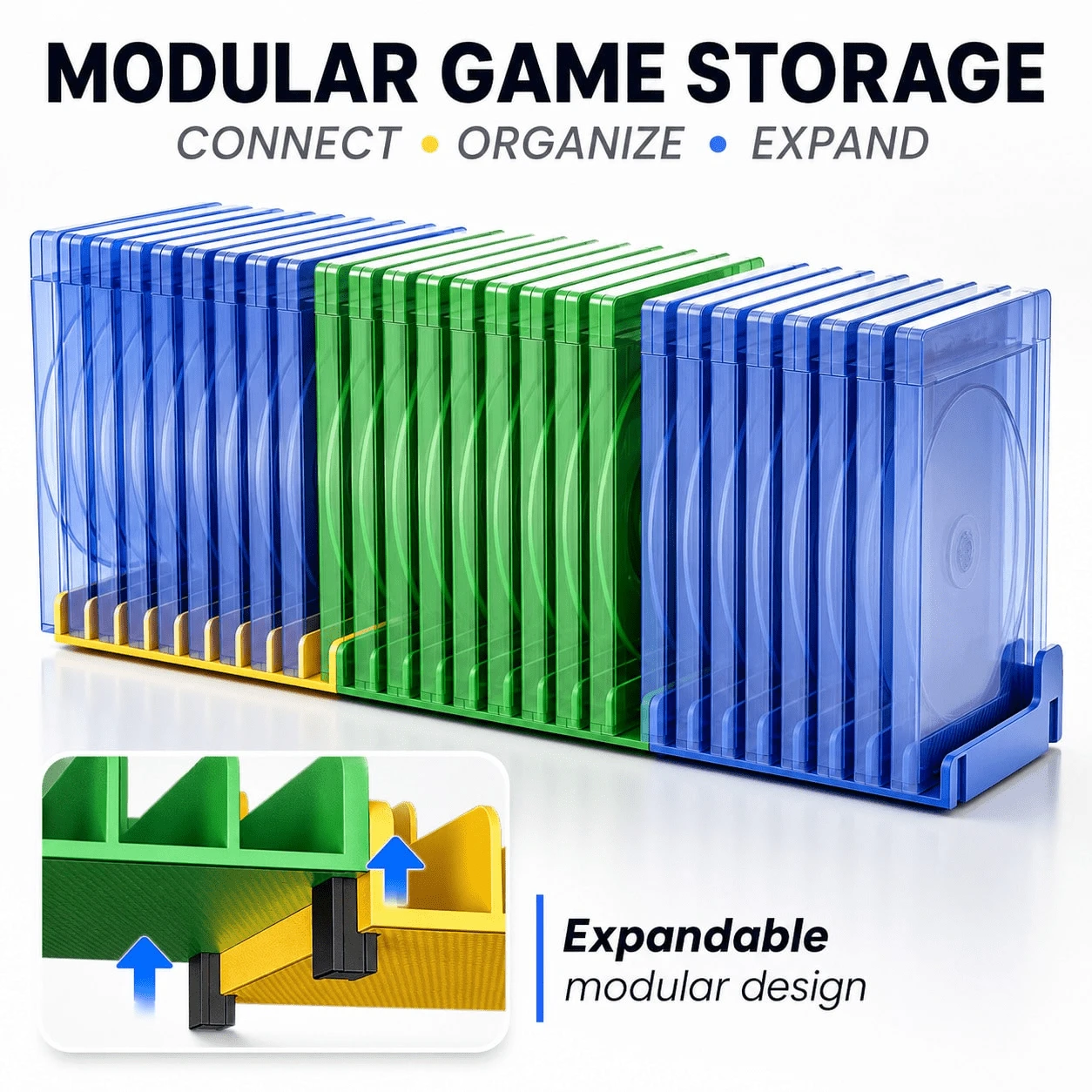 9-Slot Modular Video Game Case Organizer, Expandable Game Disc Storage Rack With Side Connectors, Color-Coded Vertical Display Holder For P3/P4/P5, XB Series X|S/One, NS/NS2, Blu-Ray & DVD Cases, Gaming Room & Collector Setup - View 1