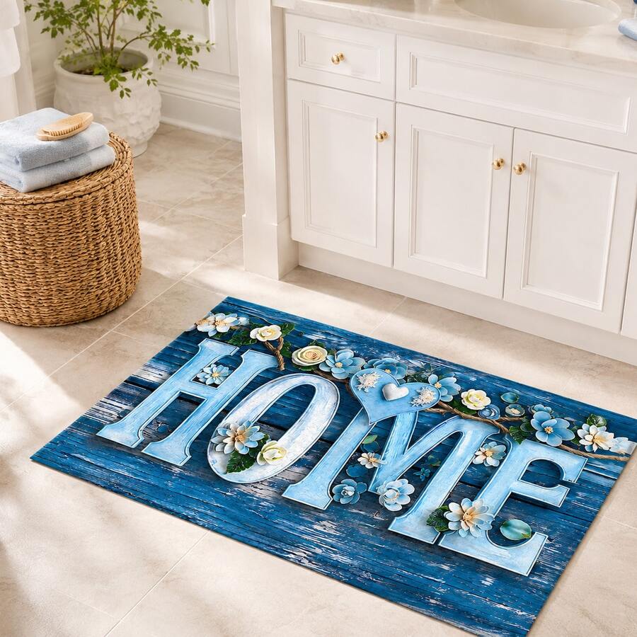 1pc Blue Vintage Wood Grain Pattern Printed Faux Cashmere Kitchen Mat, Absorbent Kitchen Rug, Kitchen Carpet, Long Runner Mat, Sink Front Mat, Suitable For Kitchen, Bathroom, Entryway, Hallway, Laundry Room And Home Decor - Multicolor - View 1