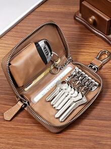 Vintage Genuine Leather Key Holder For Men, Large Capacity Key Case For Car Keys & Cards, Anti‑Lost Portable Key Pouch For Daily Travel - Khaki - View 5