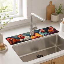 1pc Sink Faucet Absorbent Mat, Colorful Rooster Pattern Drainage Mat, Suitable For Kitchen, Bathroom Sink, Countertop, Drainage Mat, Diatomaceous Earth Material, Trimmable, Quick-Dry Mat - Multicolor - View 3