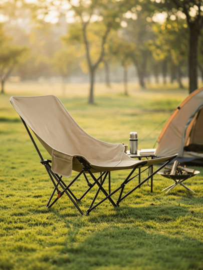 1pc Adjustable Folding Recliner‑With Detachable Footrest, Cup Holder And Side Pocket, 4‑Position Angle Adjustment, High Load‑Bearing Capacity, Portable Camping Chair / Beach Chair, Suitable For Beach, Camping, Picnic And Various Outdoor Activities