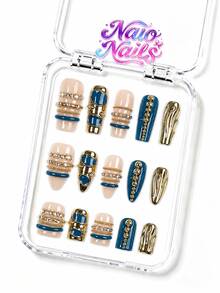 NAIO 10pcs/Set Y2K Handmade French Patchwork Nails, Nude & Teal Color Block, Gold Metal Strip Rhinestone Nails, Baroque Luxury Style, Suitable For Daily Wear & Party, 3 Sizes Almond/Coffin/Short Square, Acrylic Fake Nails, Removable & Reusable - Multicolor - View 1