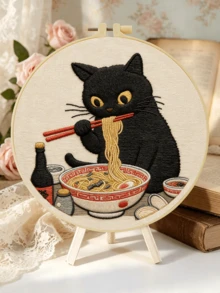 Embroidery Kit 15x15cm/5.9in Or 20x20cm/7.9in DIY Set With Cat Eating Noodles Pattern. For Adult Beginners. Includes Fabric, Instructions, Hoop, Needles & Threads. Great Gift For Friends/Family. Home Or Office Art Decor. - Cat Eating Noodles - View 16