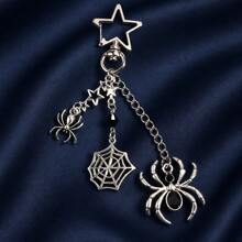 1PC Halloween Gothic Spider Chain Brooch Pin, Antique Silver‑Toned Star Web Dangle Lapel Pin For Party Costume Accessory - Silver - View 9