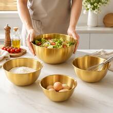 3Pcs Stainless Steel Cooking Mixing Bowls With Scale, Japanese Style Thickened Mixing And Kneading Bowls For Home Use, Egg Beating, Salad, Baking - Gold - View 8