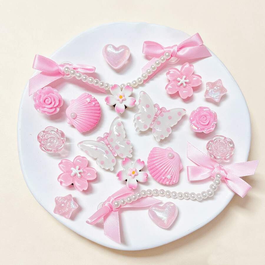 18pcs Pink Bow Flower Pearl Chain Shoe Charms, DIY Decorative Accessories For Clogs With Holes, Perfect Birthday Party Holiday Gift Choice
