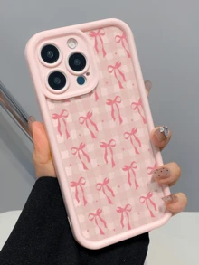 1pc Pink Sweet Pink Plaid Ribbon Personalized Minimalist Full Coverage TPU Anti-Drop Phone Case Compatible With Apple 18 17 16 15 14 13 12 11 Pro Max Protective Shell Air Compatible With Samsung Series - Multicolor - View 3
