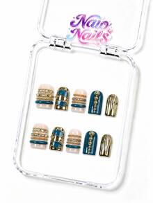 NAIO 10pcs/Set Y2K Handmade French Patchwork Nails, Nude & Teal Color Block, Gold Metal Strip Rhinestone Nails, Baroque Luxury Style, Suitable For Daily Wear & Party, 3 Sizes Almond/Coffin/Short Square, Acrylic Fake Nails, Removable & Reusable - Multicolor - View 2
