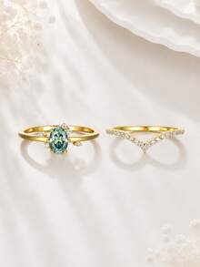 Besthing 2pcs/Set S925 Sterling Silver 1CT Oval Blue-Green Moissanite V-Shaped Stackable Wedding Commitment Anniversary Jewelry Gift - Emas - View 2