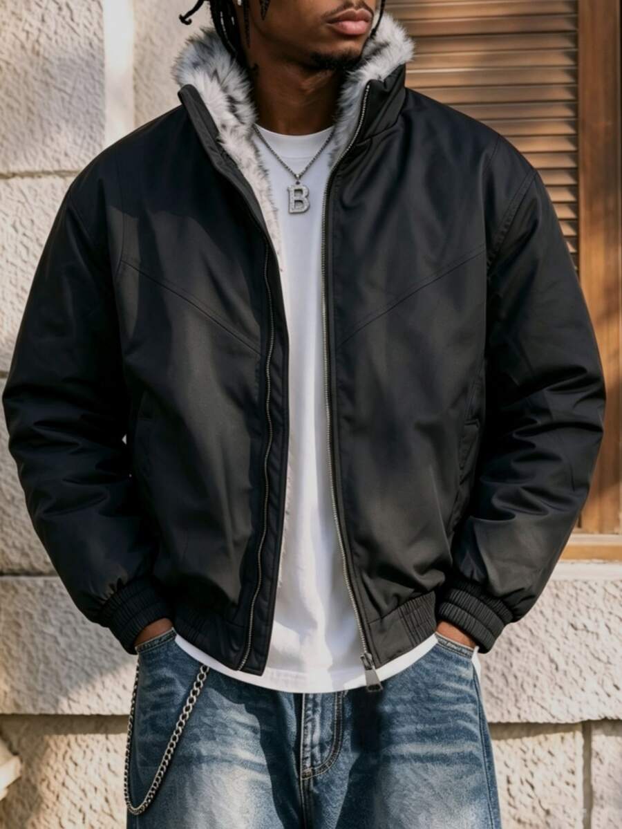 Men's Autumn/Winter Casual Versatile Commute Stand Collar Fur Collar American Retro Streetwear Jacket - Black - View 1